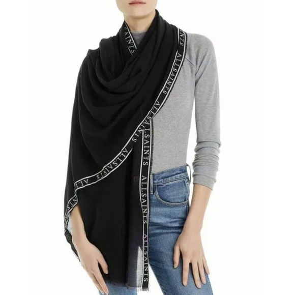 ALLSAINTS WOVEN SELVEDGE EDGE LOGO WOMEN’S SCARF, BLACK ($98) SOLD OUT . - Picture 2 of 10
